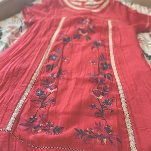 Coral Flower Embroidered Baby Doll Style Dress!